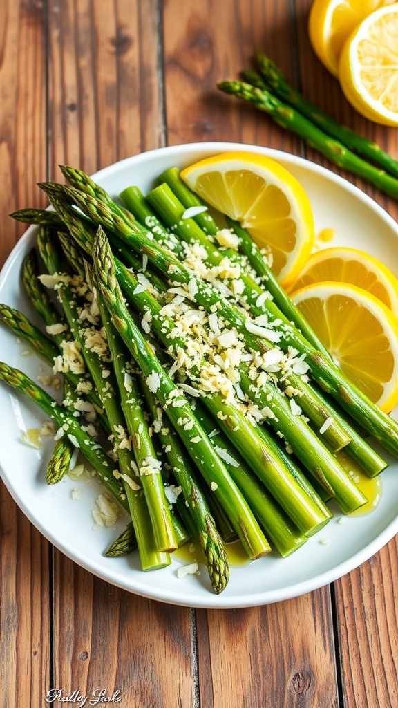 Crispy garlic parmesan asparagus on a plate with lemon wedges, garnished with parmesan cheese.